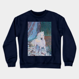 A white horse in front of a waterfall Crewneck Sweatshirt